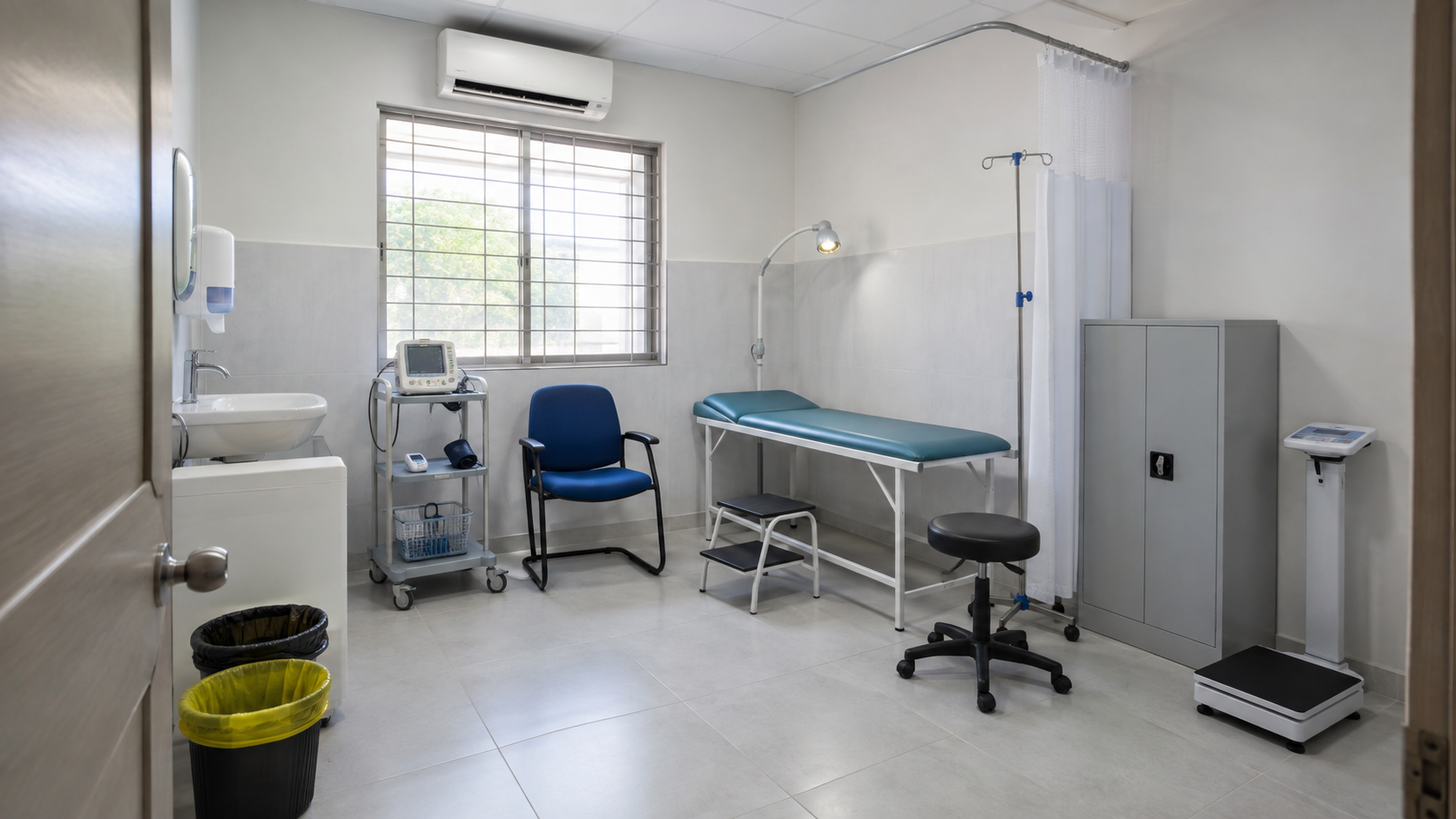Prepared new clinic examination room with examination couch, assessment equipment, privacy curtain, storage and hygiene facilities